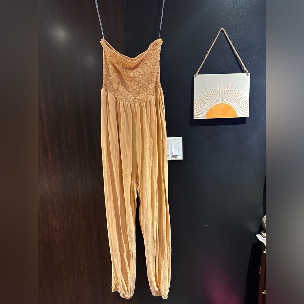 aerie Peach Smocked High-Waist Wide-Leg Jumpsuit